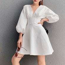 Load image into Gallery viewer, Casual Mini Dresses Fashion Women&#39;s Summer Sundress Dress V Neck Long Sleeve Puff Sleeve Elegant Solid Pleated dress For Party