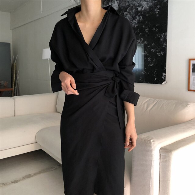 Casual Office Lady Solid Sexy V-Neck Women Empire A-Line Dress Spring Vintage Long Sleeve Elegant Ladies Slim Dresses Vestidos