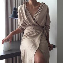 Load image into Gallery viewer, Casual Office Lady Solid Sexy V-Neck Women Empire A-Line Dress Spring Vintage Long Sleeve Elegant Ladies Slim Dresses Vestidos