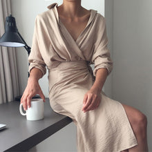 Load image into Gallery viewer, Casual Office Lady Solid Sexy V-Neck Women Empire A-Line Dress Spring Vintage Long Sleeve Elegant Ladies Slim Dresses Vestidos