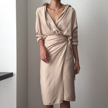 Load image into Gallery viewer, Casual Office Lady Solid Sexy V-Neck Women Empire A-Line Dress Spring Vintage Long Sleeve Elegant Ladies Slim Dresses Vestidos