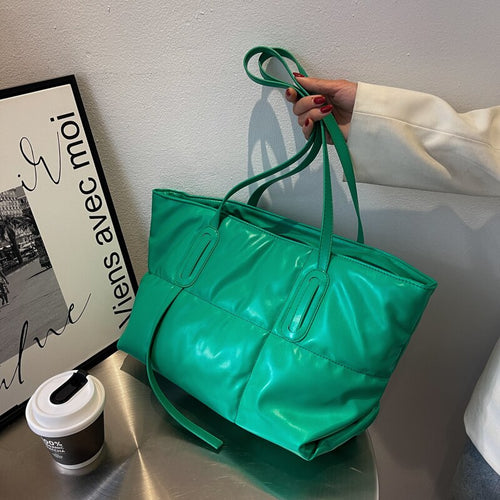 Casual PU Leather Shoulder Bag Designer Padded Women Big Handbag Quilted Totes Warm 2022 Hit Shopper Winter Large Capacity Bags
