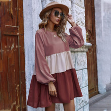 Load image into Gallery viewer, Casual Patchwork Short Mini Dress Women Loose O Neck Lantern Long Sleeve Dress 2021 Spring Summer New Fashion Girl Sweet Dresses