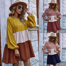 Load image into Gallery viewer, Casual Patchwork Short Mini Dress Women Loose O Neck Lantern Long Sleeve Dress 2021 Spring Summer New Fashion Girl Sweet Dresses