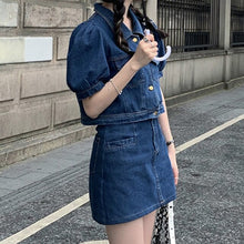 Load image into Gallery viewer, Casual Puff Short Sleeve Turn Down Collar Denim Coat + High Waist Slim Short Skirts Suits Two Piece Sets Summer Ensembles Femme