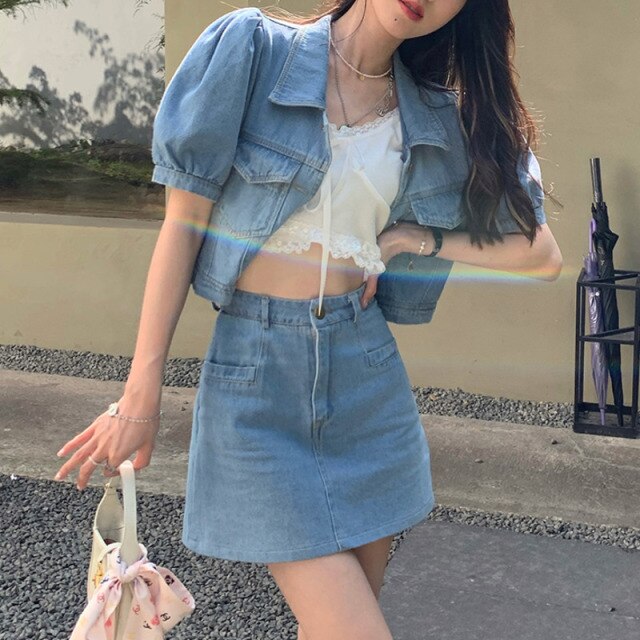 Casual Puff Short Sleeve Turn Down Collar Denim Coat + High Waist Slim Short Skirts Suits Two Piece Sets Summer Ensembles Femme