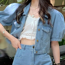 Load image into Gallery viewer, Casual Puff Short Sleeve Turn Down Collar Denim Coat + High Waist Slim Short Skirts Suits Two Piece Sets Summer Ensembles Femme