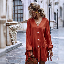 Load image into Gallery viewer, Casual Puff Sleeve Bow Bandage Dress Women Loose V Neck Ruffle Solid Color Dresses Spring Autumn New Fashion A Line Mini Dresses