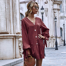 Load image into Gallery viewer, Casual Puff Sleeve Bow Bandage Dress Women Loose V Neck Ruffle Solid Color Dresses Spring Autumn New Fashion A Line Mini Dresses