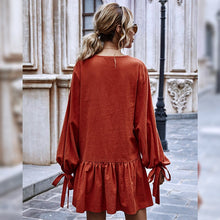 Load image into Gallery viewer, Casual Puff Sleeve Bow Bandage Dress Women Loose V Neck Ruffle Solid Color Dresses Spring Autumn New Fashion A Line Mini Dresses