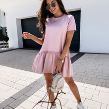 Load image into Gallery viewer, Casual Ruffle Loose Mini Dress Women Homewear O Neck Short Sleeve Tee Dress  2021 New Summer White Black Solid Sweet Dresses