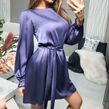 Load image into Gallery viewer, Casual Satin A Line Mini Dress Women O Neck Lantern Sleeve Party Night Dress Female Spring Autumn Elegant Solid Sashes Dresses
