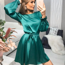 Load image into Gallery viewer, Casual Satin A Line Mini Dress Women O Neck Lantern Sleeve Party Night Dress Female Spring Autumn Elegant Solid Sashes Dresses