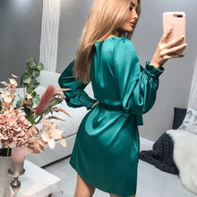 Load image into Gallery viewer, Casual Satin A Line Mini Dress Women O Neck Lantern Sleeve Party Night Dress Female Spring Autumn Elegant Solid Sashes Dresses