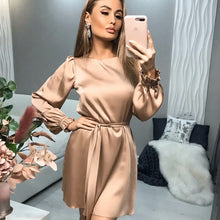 Load image into Gallery viewer, Casual Satin A Line Mini Dress Women O Neck Lantern Sleeve Party Night Dress Female Spring Autumn Elegant Solid Sashes Dresses