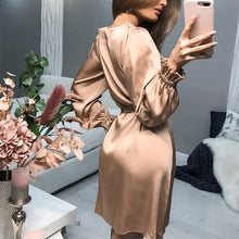 Load image into Gallery viewer, Casual Satin A Line Mini Dress Women O Neck Lantern Sleeve Party Night Dress Female Spring Autumn Elegant Solid Sashes Dresses
