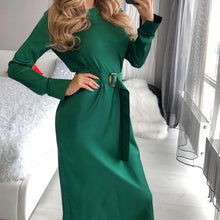 Load image into Gallery viewer, Casual Satin Women&#39;s Dress Sexy Slim O Neck Long Sleeve Belt Dress Autumn New Fashion Elegant Solid Color Party Night Midi Dress