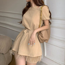 Load image into Gallery viewer, Casual Shorts Suits Temperament Niche Design Sensual Clavicle Hollow Tassel Top  + Elastic Waist Shorts With Belt Two Piece Sets
