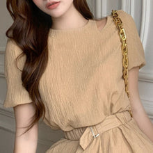 Load image into Gallery viewer, Casual Shorts Suits Temperament Niche Design Sensual Clavicle Hollow Tassel Top  + Elastic Waist Shorts With Belt Two Piece Sets