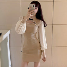 Load image into Gallery viewer, Casual Stand Puff Long Sleeve Chinese Retro Hollow Out Skinny Burgundy Cheongsam Dress Women Robe Femme Contrast Stitching Bead