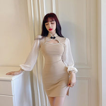 Load image into Gallery viewer, Casual Stand Puff Long Sleeve Chinese Retro Hollow Out Skinny Burgundy Cheongsam Dress Women Robe Femme Contrast Stitching Bead