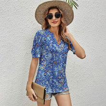 Load image into Gallery viewer, Casual Striped T Shirt Summer Clothes For Women Fashion Elegant Short Sleeve V-neck Tee Shirt Femme Blue Slim Print T-shirts Top