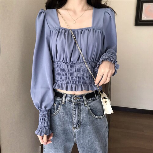 Casual Sweet Female Blouse Women Summer 2021 Slim White France Elegant Blouse Bubble Sleeve High Street Korean Fashion Clothing