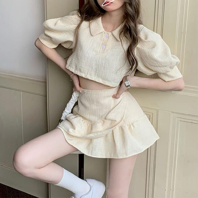 Casual Two Piece Skirt Tops Set for Women Sweet Y2k Blouse Tops A-Line Mini Skirt Suit 2021 Summer Holiday Outing Kawaii Suit