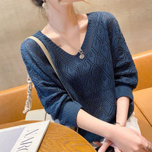 Load image into Gallery viewer, Casual V-neck Crocheted Hollow Knit Sweater Blouse For Women Long-sleeved Thin Autumn Loose Bat Sun Protection Shirt Short Top