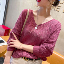 Load image into Gallery viewer, Casual V-neck Crocheted Hollow Knit Sweater Blouse For Women Long-sleeved Thin Autumn Loose Bat Sun Protection Shirt Short Top