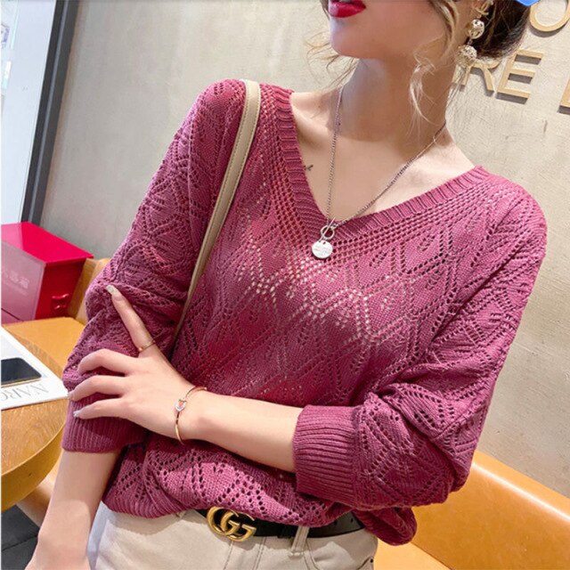 Casual V-neck Crocheted Hollow Knit Sweater Blouse For Women Long-sleeved Thin Autumn Loose Bat Sun Protection Shirt Short Top
