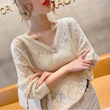 Load image into Gallery viewer, Casual V-neck Crocheted Hollow Knit Sweater Blouse For Women Long-sleeved Thin Autumn Loose Bat Sun Protection Shirt Short Top