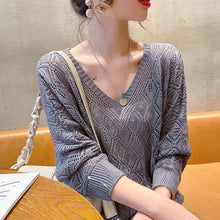 Load image into Gallery viewer, Casual V-neck Crocheted Hollow Knit Sweater Blouse For Women Long-sleeved Thin Autumn Loose Bat Sun Protection Shirt Short Top