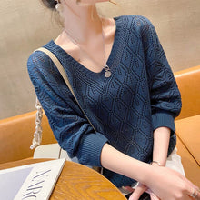 Load image into Gallery viewer, Casual V-neck Crocheted Hollow Knit Sweater Blouse For Women Long-sleeved Thin Autumn Loose Bat Sun Protection Shirt Short Top