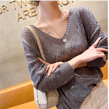 Load image into Gallery viewer, Casual V-neck Crocheted Hollow Knit Sweater Blouse For Women Long-sleeved Thin Autumn Loose Bat Sun Protection Shirt Short Top