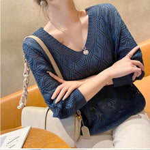 Load image into Gallery viewer, Casual V-neck Crocheted Hollow Knit Sweater Blouse For Women Long-sleeved Thin Autumn Loose Bat Sun Protection Shirt Short Top