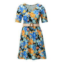 Load image into Gallery viewer, Casual V-neck Print Mini Dress Women Summer Fashion Elegant Half Sleeve A-line Dresses For Women 2021 Blue Office Robe Femme