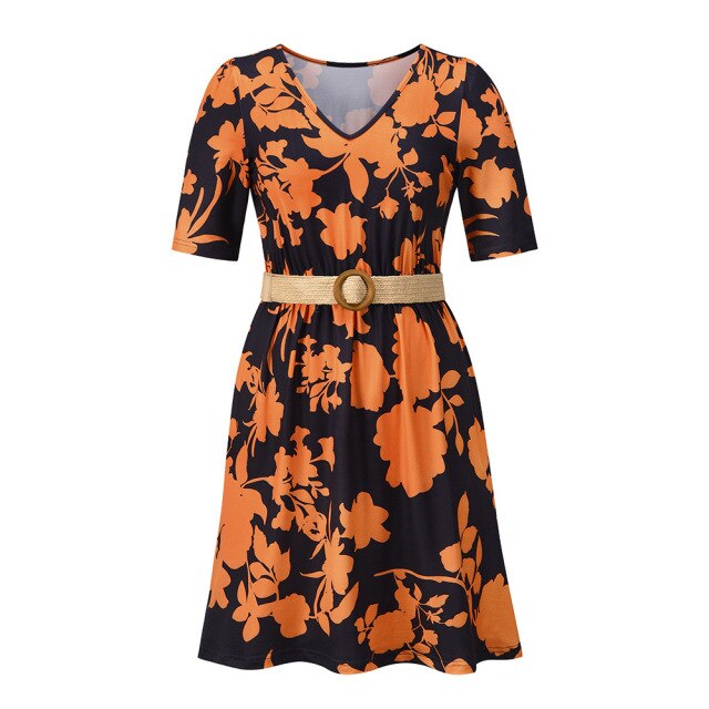 Casual V-neck Print Mini Dress Women Summer Fashion Elegant Half Sleeve A-line Dresses For Women 2021 Blue Office Robe Femme