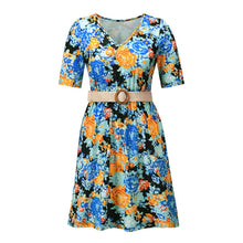 Load image into Gallery viewer, Casual V-neck Print Mini Dress Women Summer Fashion Elegant Half Sleeve A-line Dresses For Women 2021 Blue Office Robe Femme