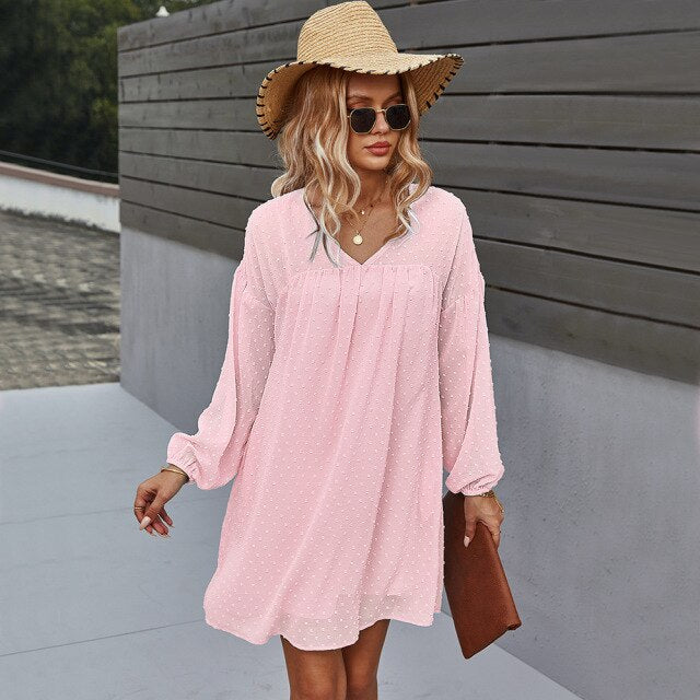 Casual Vacation Style Big Swing Short Dresses For Women 2021 Autumn And Winter V-Neck Sexy Dress Elegant Chiffon Patchwork Dress