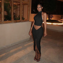 Load image into Gallery viewer, Casual Women 2 Piece Sets O Neck Off Shoulder Sleeveless Tanks Top and Front High Split Drawstring Lace Up Skirts Party