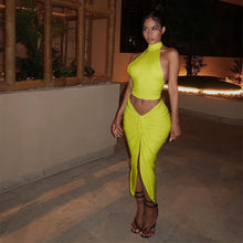 Load image into Gallery viewer, Casual Women 2 Piece Sets O Neck Off Shoulder Sleeveless Tanks Top and Front High Split Drawstring Lace Up Skirts Party