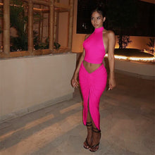 Load image into Gallery viewer, Casual Women 2 Piece Sets O Neck Off Shoulder Sleeveless Tanks Top and Front High Split Drawstring Lace Up Skirts Party