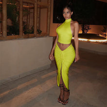 Load image into Gallery viewer, Casual Women 2 Piece Sets O Neck Off Shoulder Sleeveless Tanks Top and Front High Split Drawstring Lace Up Skirts Party