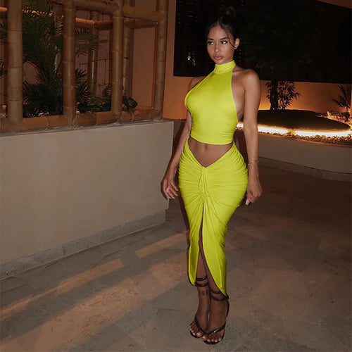 Casual Women 2 Piece Sets O Neck Off Shoulder Sleeveless Tanks Top and Front High Split Drawstring Lace Up Skirts Party