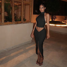 Load image into Gallery viewer, Casual Women 2 Piece Sets O Neck Off Shoulder Sleeveless Tanks Top and Front High Split Drawstring Lace Up Skirts Party