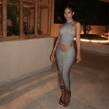 Load image into Gallery viewer, Casual Women 2 Piece Sets O Neck Off Shoulder Sleeveless Tanks Top and Front High Split Drawstring Lace Up Skirts Party