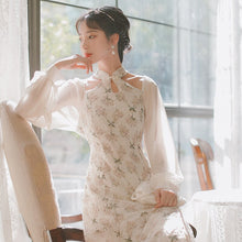Load image into Gallery viewer, Cheongsam Retro Elegant Dresses for women Fall Beaded Chic Hollow Sexy Halter Neck Stand Collar Fit Floral Dress Fashion Femme