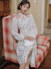 Load image into Gallery viewer, Cheongsam Retro Elegant Dresses for women Fall Beaded Chic Hollow Sexy Halter Neck Stand Collar Fit Floral Dress Fashion Femme