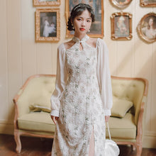 Load image into Gallery viewer, Cheongsam Retro Elegant Dresses for women Fall Beaded Chic Hollow Sexy Halter Neck Stand Collar Fit Floral Dress Fashion Femme